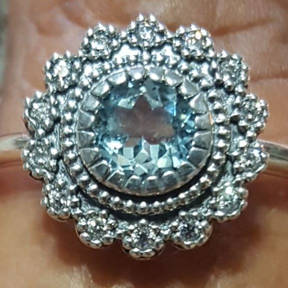 Jewelry - Sterling Silver Blue Topaz With Cluster Halo Ring